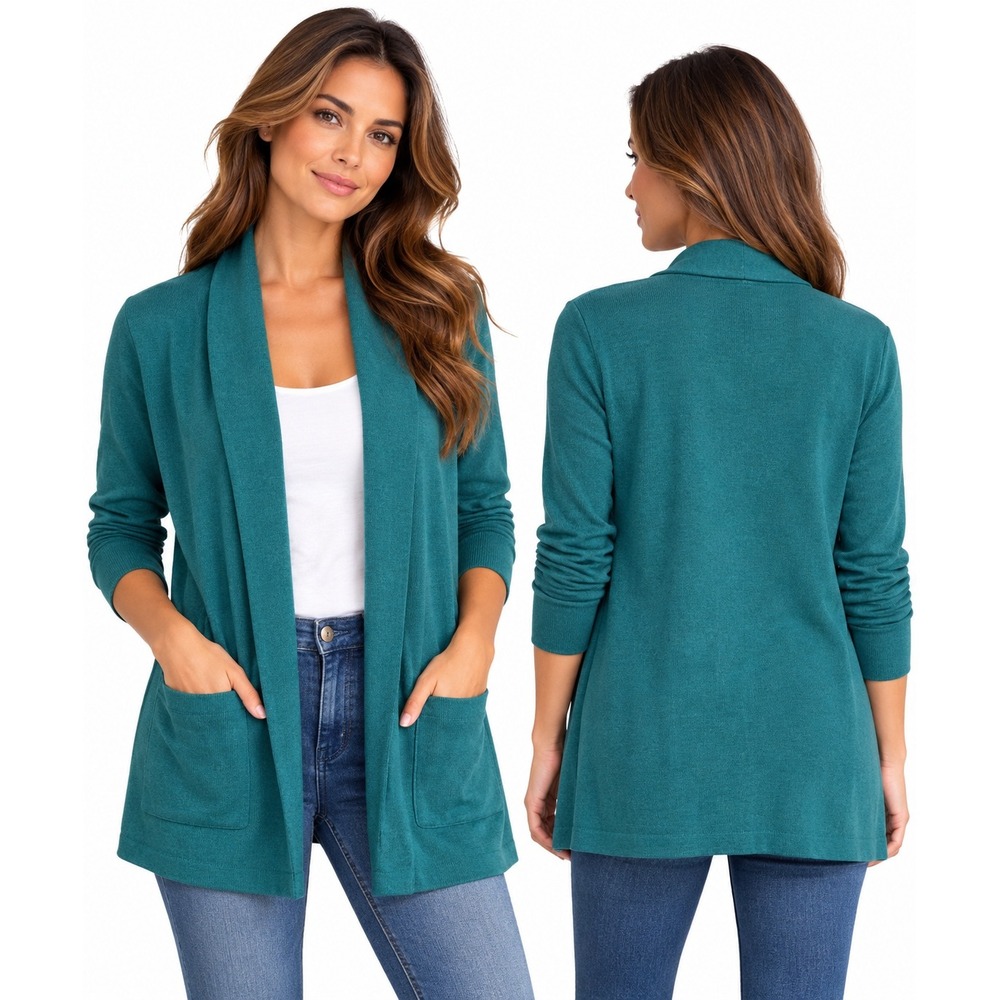 J.Crew Re-Imagined Teal Green Cotton Open Front Cardigan Sweater Pockets Large